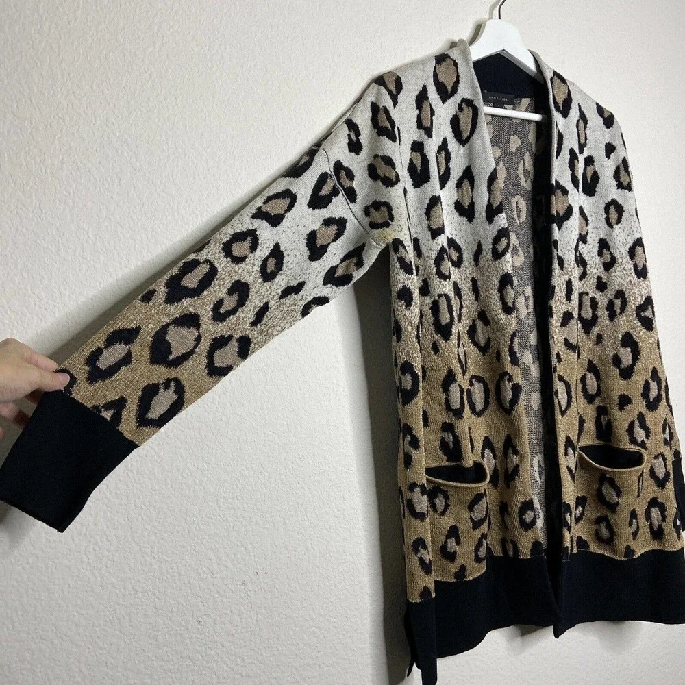 Ann Taylor Ombre Leopard Animal Print Pocketed Gold Metallic Cardigan Sz M - Picture 5 of 10